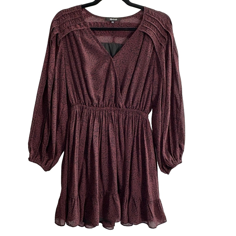 MADEWELL Women Georgette Faux Wrap Balloon Sleeve Mini Dress Sz‎ M Red 33-15